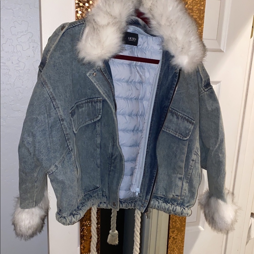 Denim faux fur oversized jacket size M, fits L